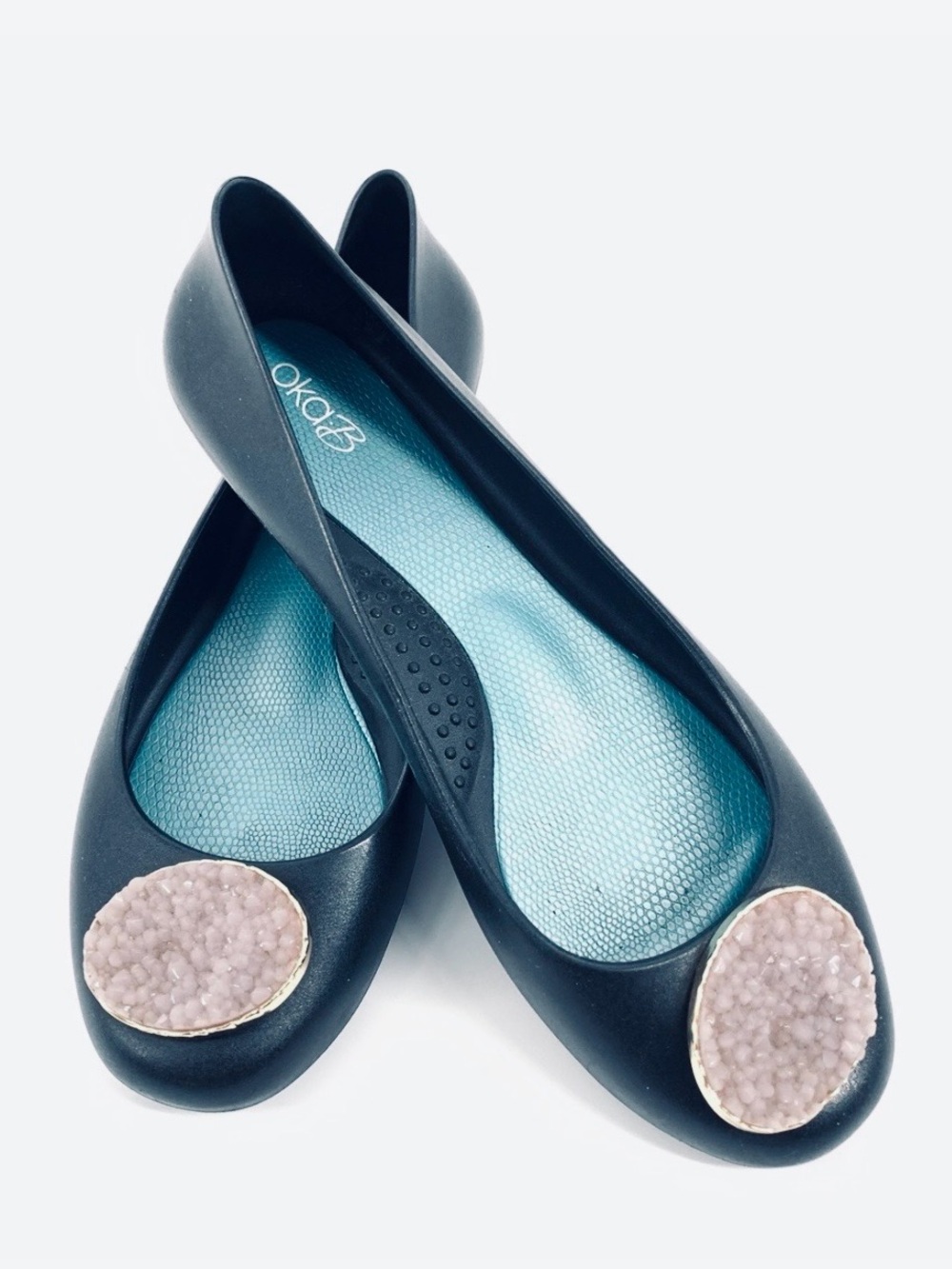 Oka B Navy Blue Ballet Flats with Gem Accent